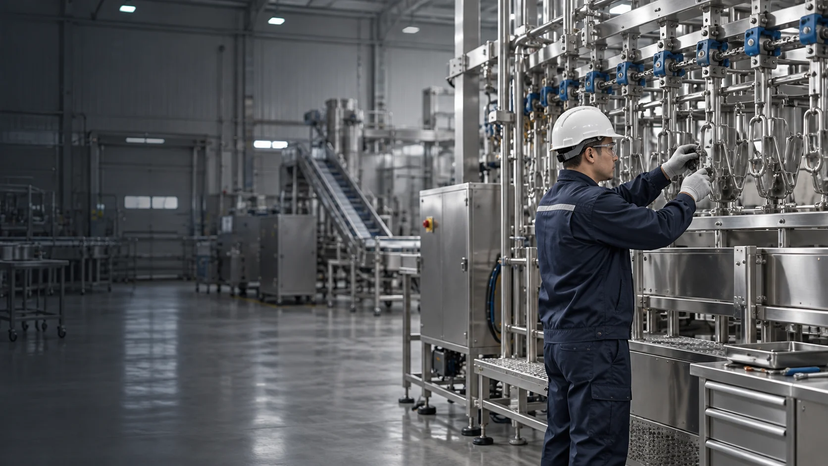 Engineer coordinating equipment for an industrial food-processing plant